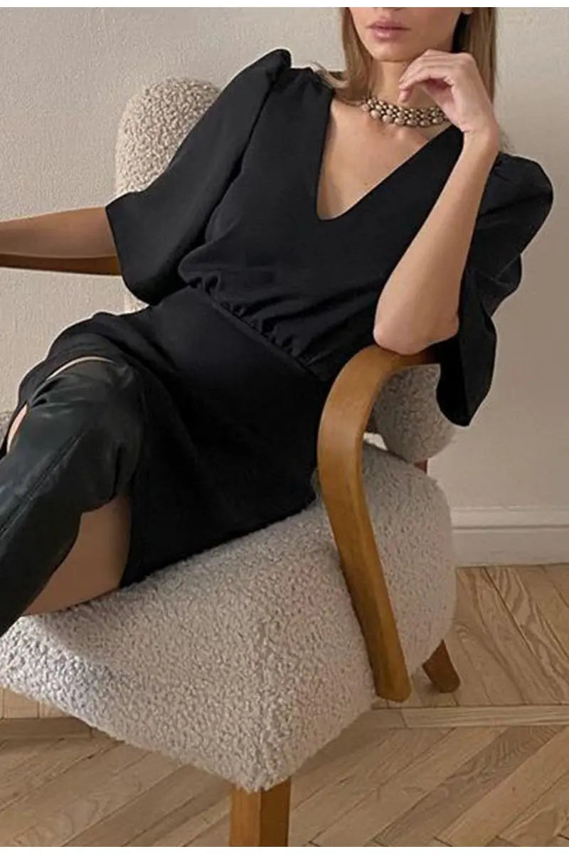 black short sleeve summer women dress 2022 Sexy V-neck solid High Street dress A-line mini Vestido nowadaysfashion