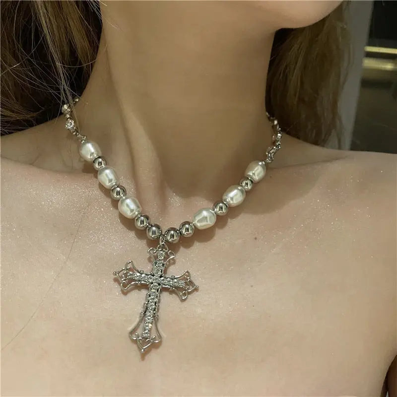Bling Cross Pendant Necklaces for Women Girl Gift Wedding Neck Jewelry Goth Pearl Necklace nowadaysfashion