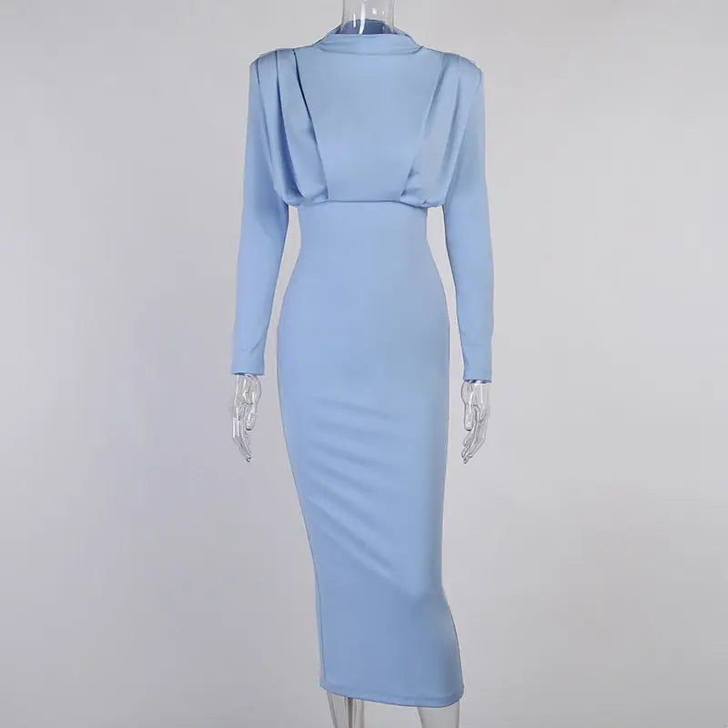Elegant Women Dress Stand Collar Slim Waist Solid Ankle Length Autumn Long Sleeve Dress nowadaysfashion