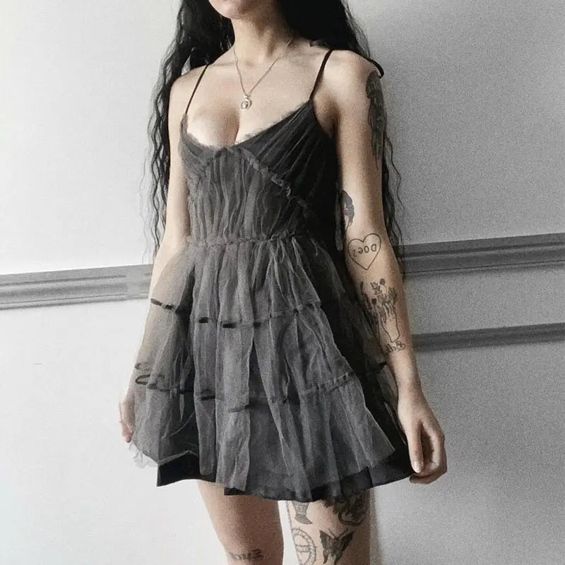 Dark Gothic Harajuku Dress Women Vintage Mesh Patchwork Lace Up High Waist Dress nowadaysfashion