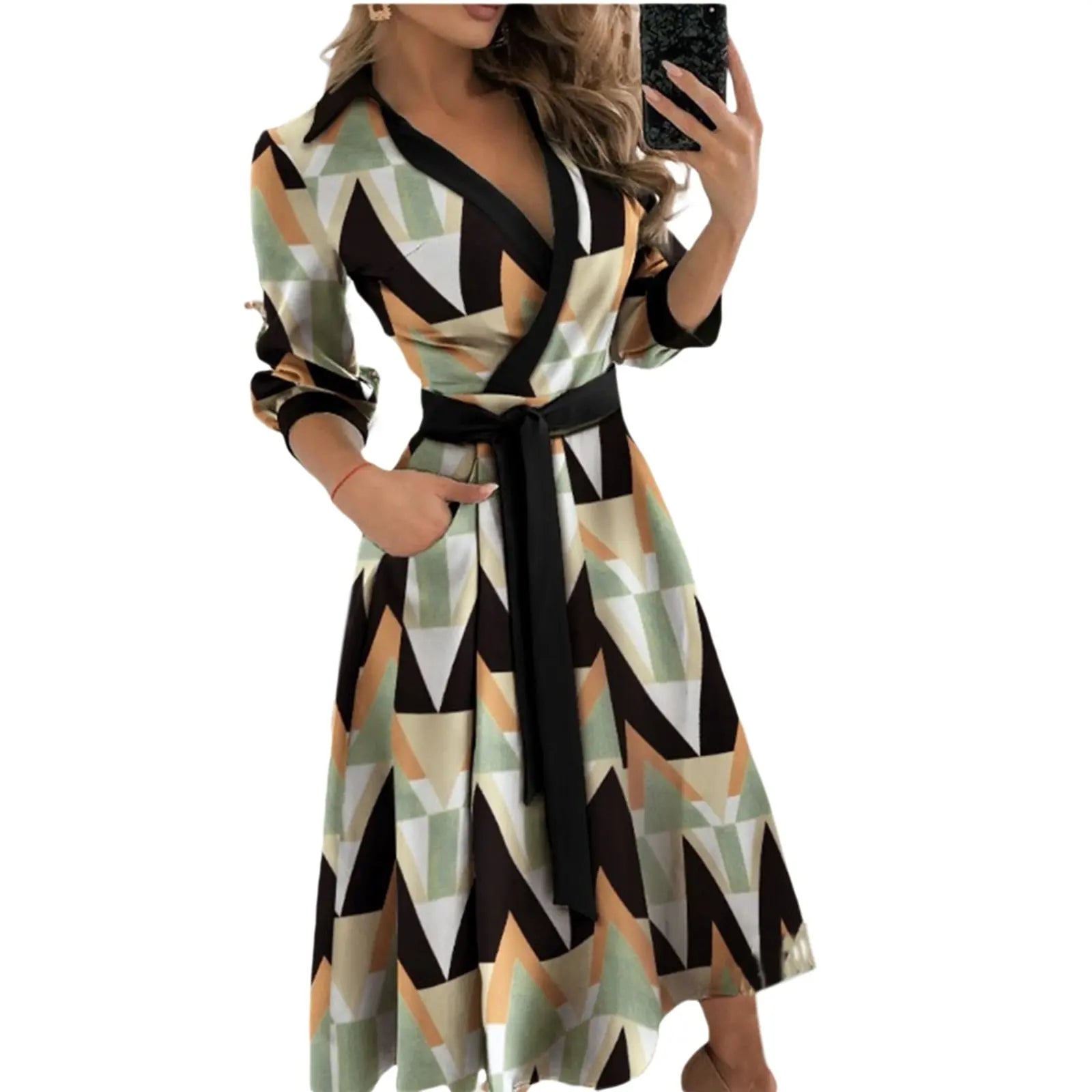Spring Summer Lady Cover Up Women's Shirt Dress Wave Print Long Sleeve V-Neck Casual Dress Plus Size nowadaysfashion