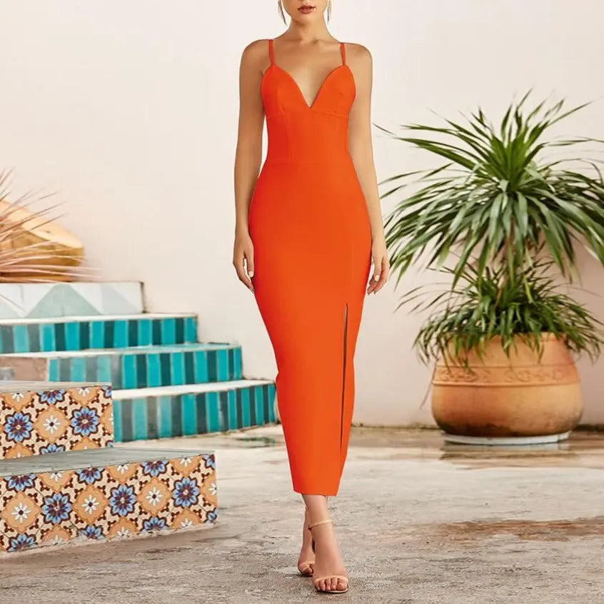 Summer Women White Bodycon Bandage Long Dresses Sexy V Neck Spaghetti Strap Evening nowadaysfashion