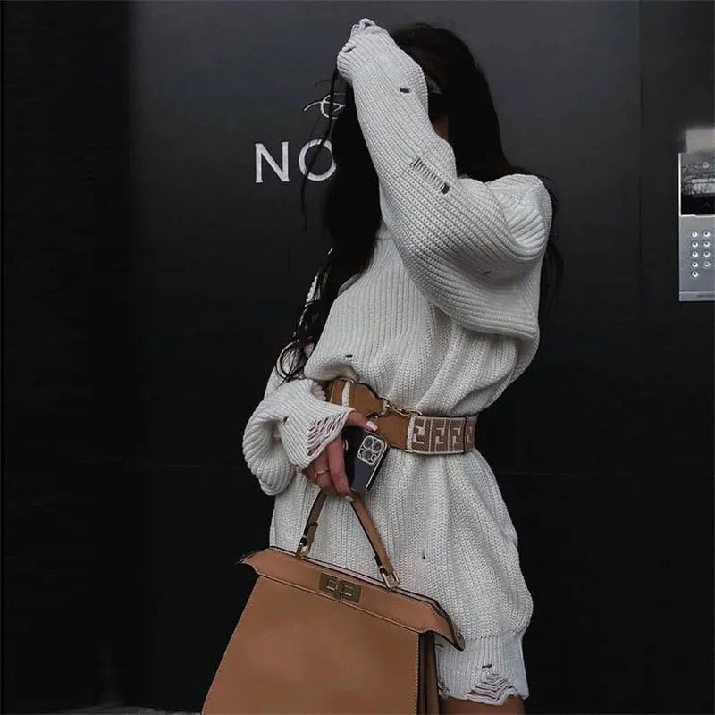 O Neck Oversized Mini Knitted Women Sweater Loose Dresses Autumn Winter Long Sleeve nowadaysfashion