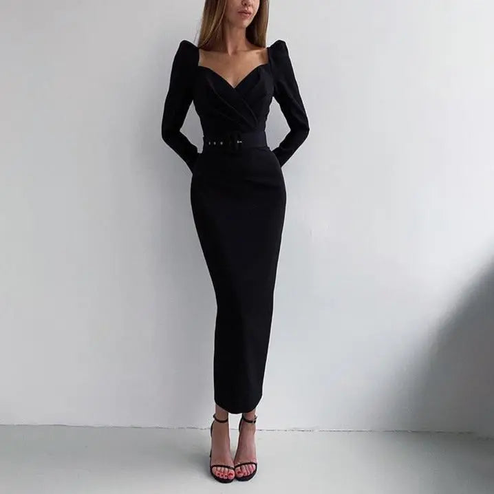 Slim V Neck Long Sleeve Mid Calf Pencil Dress 2022 Casual Office Lady Solid Red Puff Sleeve nowadaysfashion