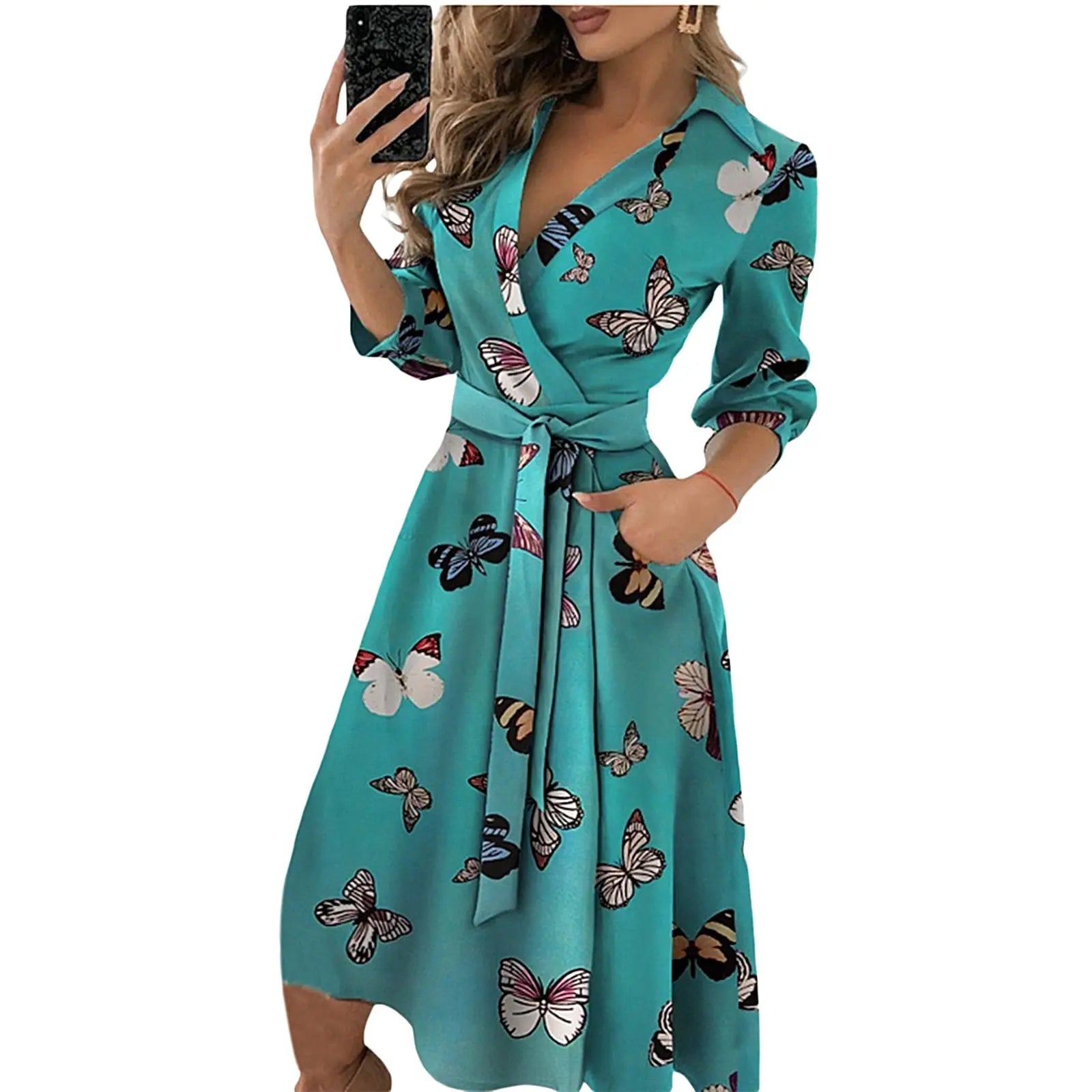 Spring Summer Lady Cover Up Women's Shirt Dress Wave Print Long Sleeve V-Neck Casual Dress Plus Size nowadaysfashion