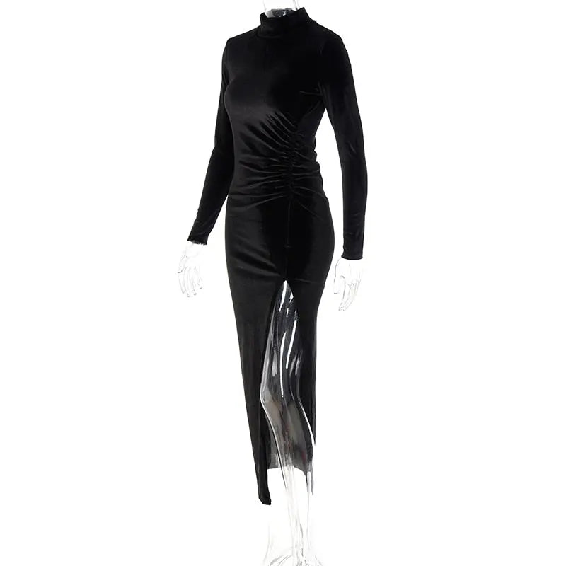 Women Velvet Long Sleeve Ruched Midi Dress Side Slit Bodycon Streetwear nowadaysfashion