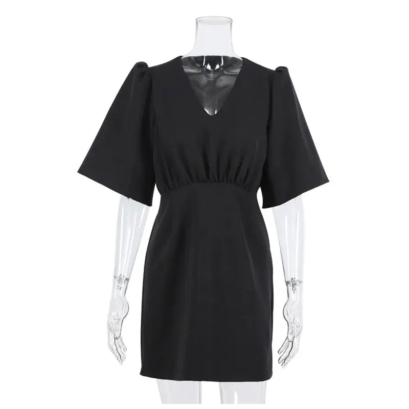 black short sleeve summer women dress 2022 Sexy V-neck solid High Street dress A-line mini Vestido nowadaysfashion
