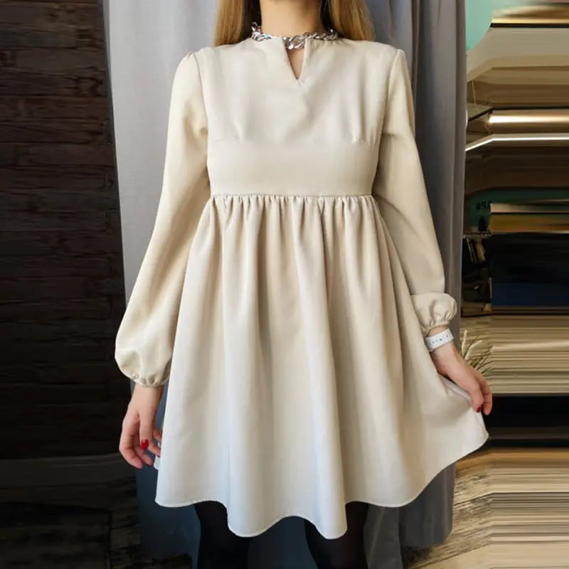 O-Neck Folds Lantern Sleeve Casual Dresses Autumn Solid Color A-Line Loose Comfort High Waist Dress nowadaysfashion