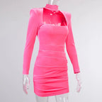 Velvet Women High Neck Long Sleeve Mini Dress Ruched Hollow Out Shoulder Pad Bodycon nowadaysfashion
