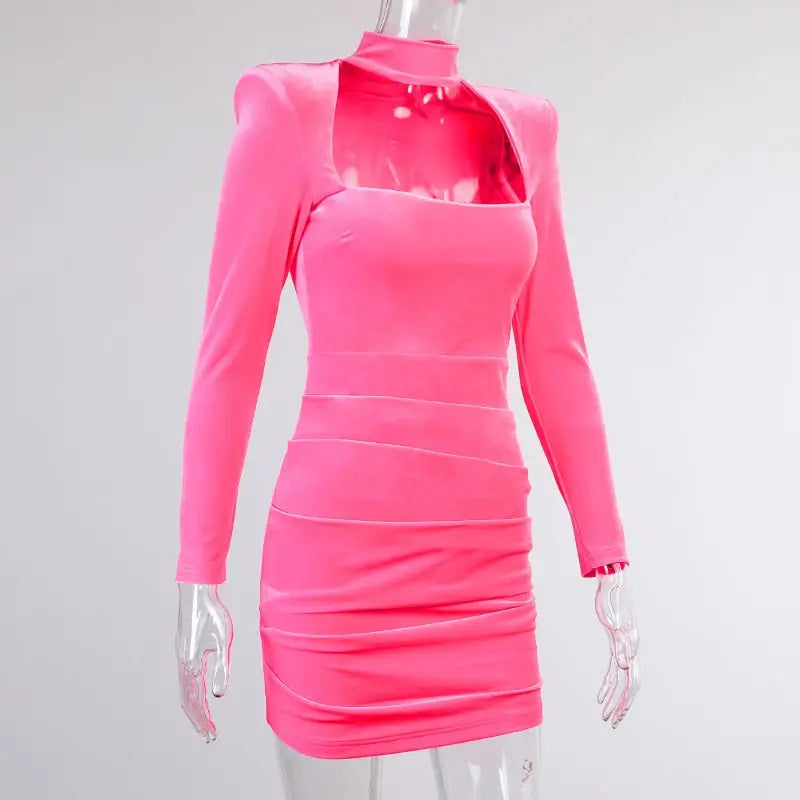 Velvet Women High Neck Long Sleeve Mini Dress Ruched Hollow Out Shoulder Pad Bodycon nowadaysfashion