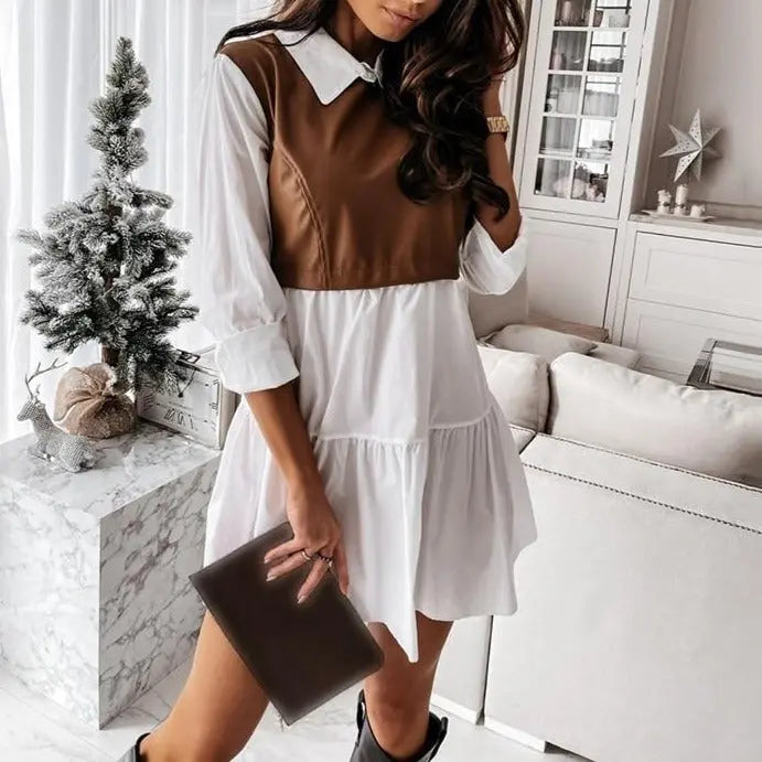 Long Sleeve Mini Shirt Dress For Women White 2022 Spring PU Leather Patchwork Plaid Dresses nowadaysfashion