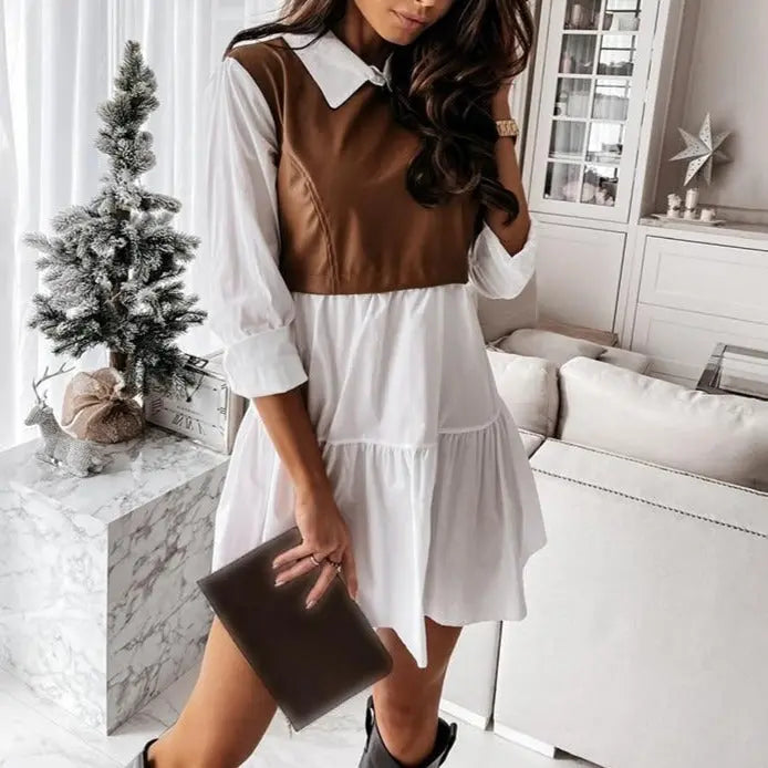 Long Sleeve Mini Shirt Dress For Women White 2022 Spring PU Leather Patchwork Plaid Dresses nowadaysfashion