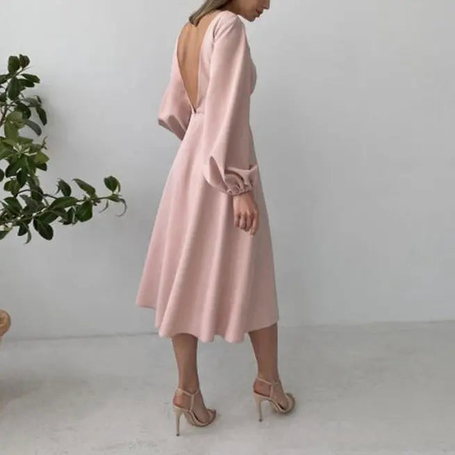 Sexy Backless Midi Long Dresses Lantern Sleeve O-Neck Autumn Folds A-Line For Women nowadaysfashion