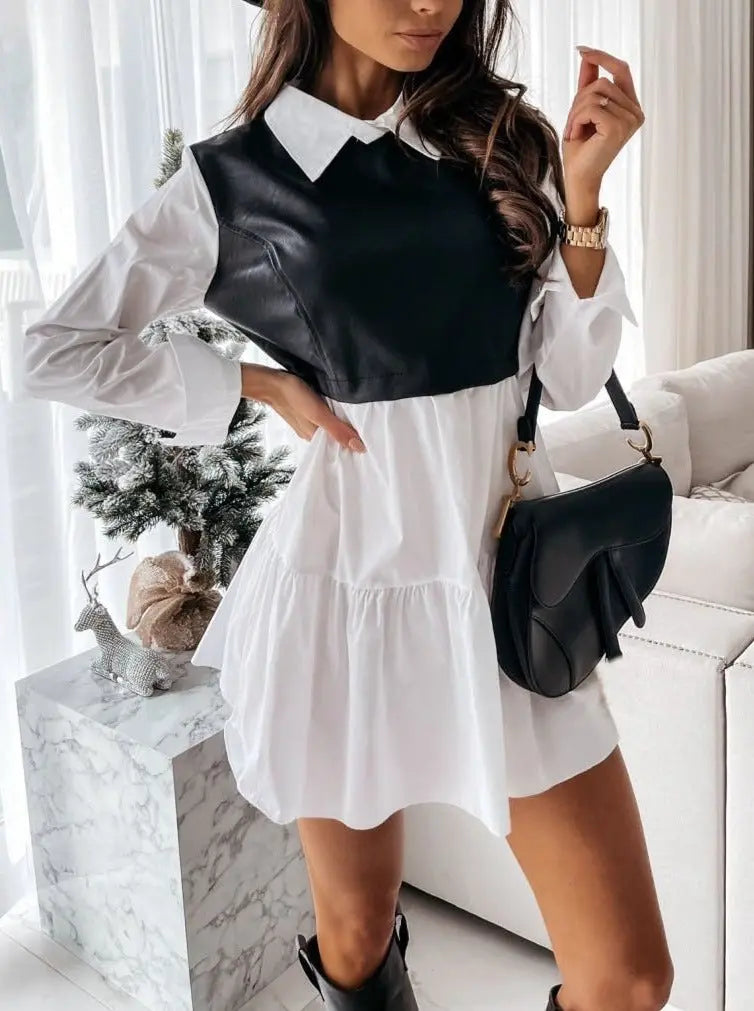 Long Sleeve Mini Shirt Dress For Women White 2022 Spring PU Leather Patchwork Plaid Dresses nowadaysfashion