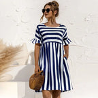 Spring Summer Dress Cute Loose Striped Print Ruffles Sleeves Dresses Elegant A Line Patchwork Beach Dress Vestidos nowadaysfashion