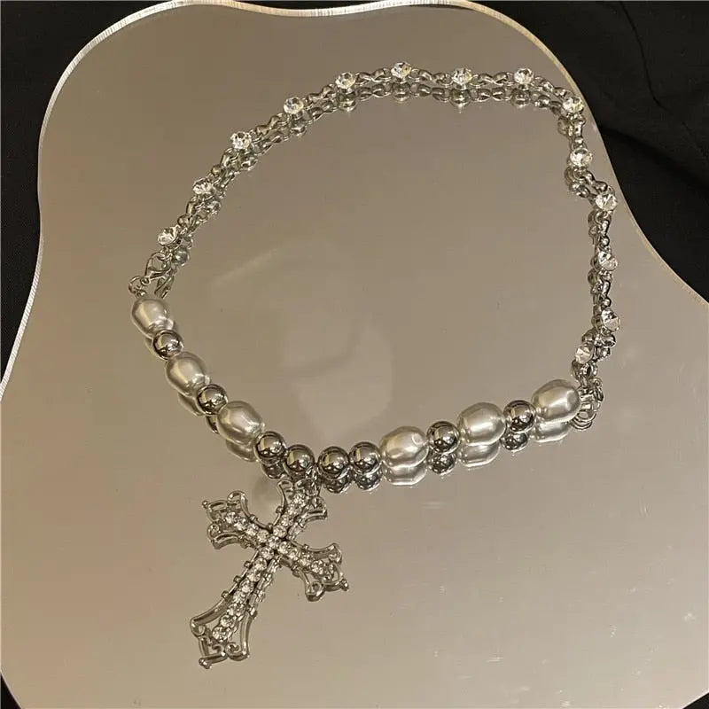 Bling Cross Pendant Necklaces for Women Girl Gift Wedding Neck Jewelry Goth Pearl Necklace nowadaysfashion