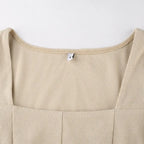 Square Neck Ribbed Black Dress Female Knitted Side Split Bodycon Dress Long Sleeve Mini Dresses nowadaysfashion