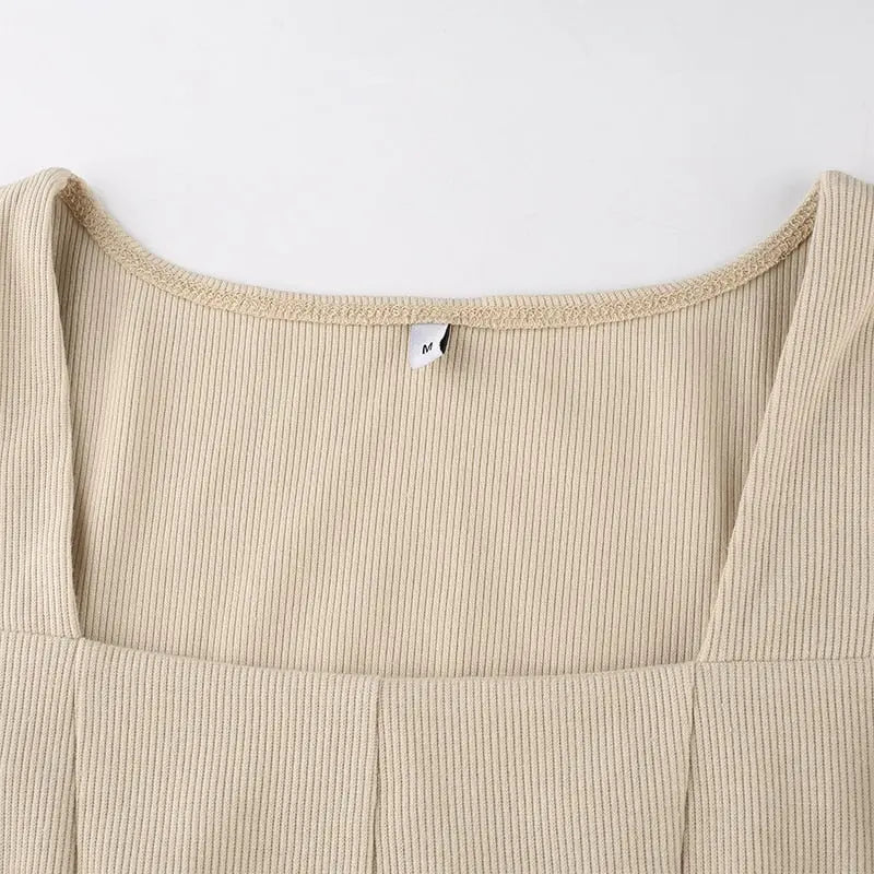 Square Neck Ribbed Black Dress Female Knitted Side Split Bodycon Dress Long Sleeve Mini Dresses nowadaysfashion