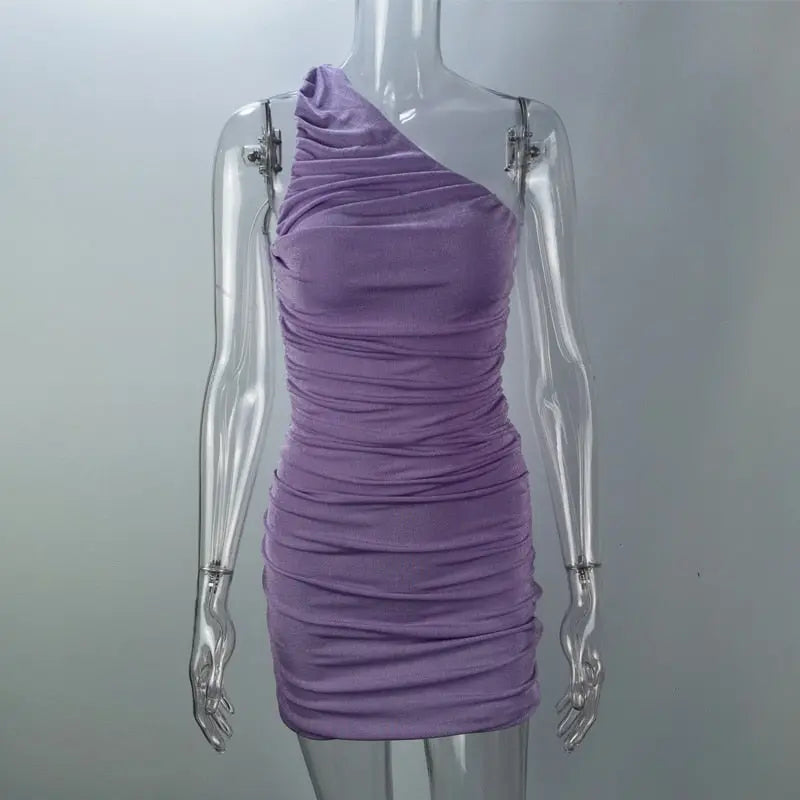 Elegant One Shoulder Party Dresses For Women Sleeveless Ruched Bodycon Dress Sexy Mini Summer Dress nowadaysfashion