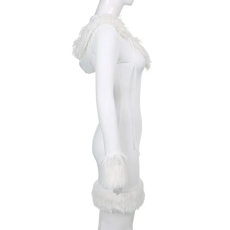 Furry White Bodycon Mini Dresses Women Autumn Long Sleeve Hooded V Neck Dress nowadaysfashion