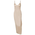 Spring Summer Women Satin Silky Spaghetti Strap Split Long Dress Elegant Sleeveless Backless Sexy Vestito nowadaysfashion
