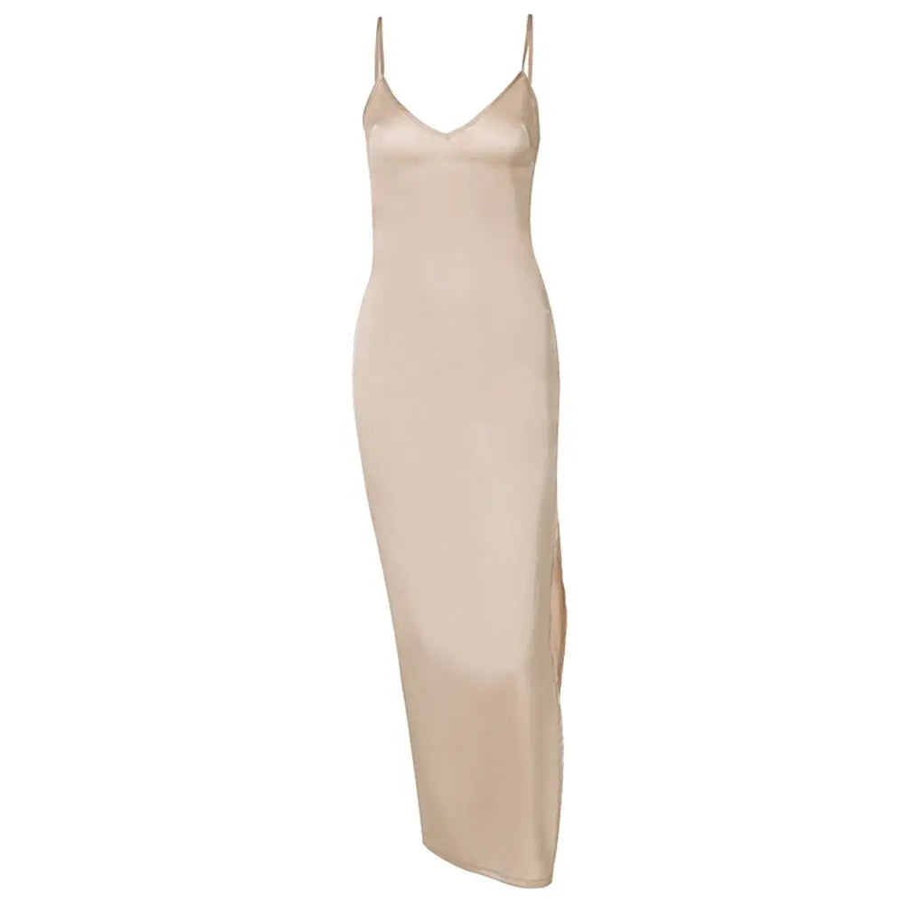 Spring Summer Women Satin Silky Spaghetti Strap Split Long Dress Elegant Sleeveless Backless Sexy Vestito nowadaysfashion
