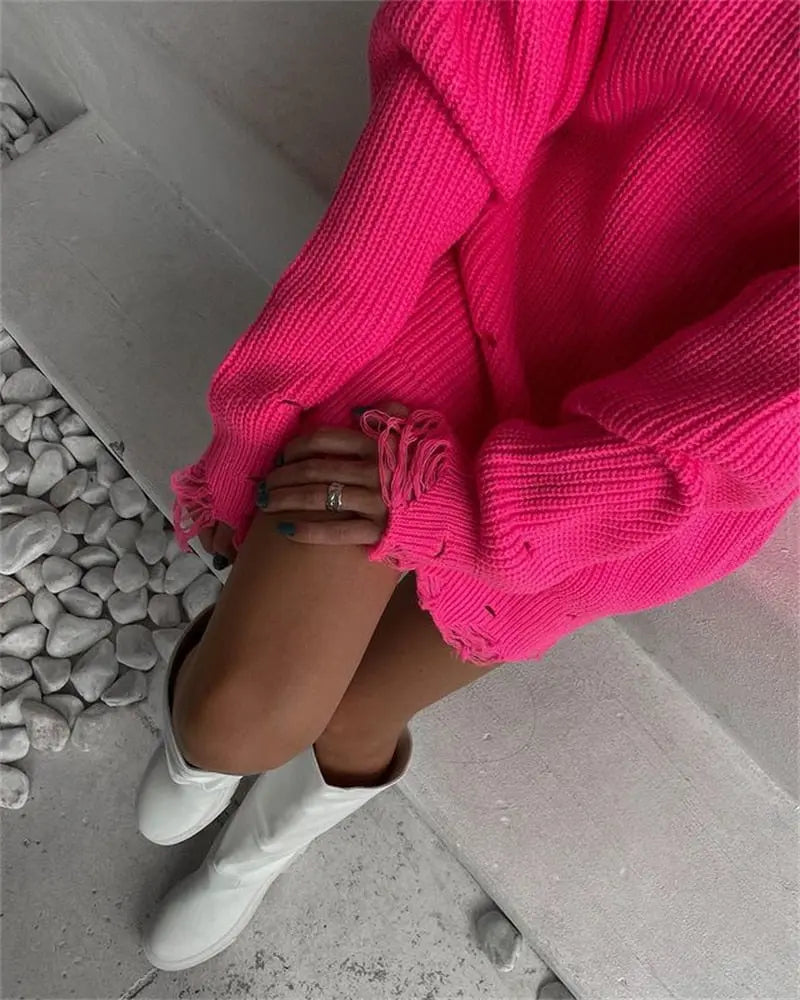 O Neck Oversized Mini Knitted Women Sweater Loose Dresses Autumn Winter Long Sleeve nowadaysfashion