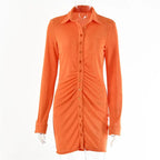 Autumn Ruched Long Sleeve Bodycon Dress Women Turn-Down Collar Sexy Mini Dress Vestidos 2022 nowadaysfashion