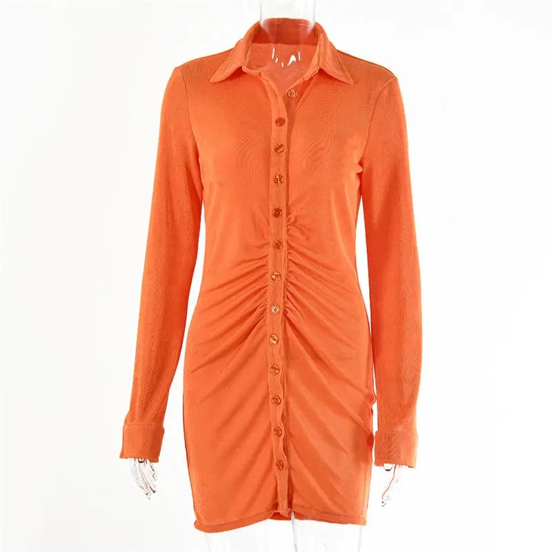 Autumn Ruched Long Sleeve Bodycon Dress Women Turn-Down Collar Sexy Mini Dress Vestidos 2022 nowadaysfashion
