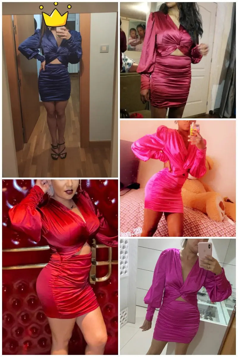 deep v neck bodycon dress Party club hollow out mini dress Elegant lantern sleeve satin dress nowadaysfashion