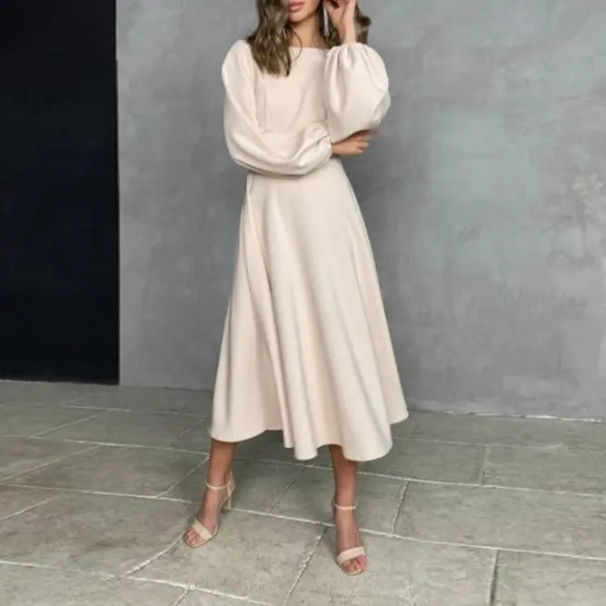 Sexy Backless Midi Long Dresses Lantern Sleeve O-Neck Autumn Folds A-Line For Women nowadaysfashion