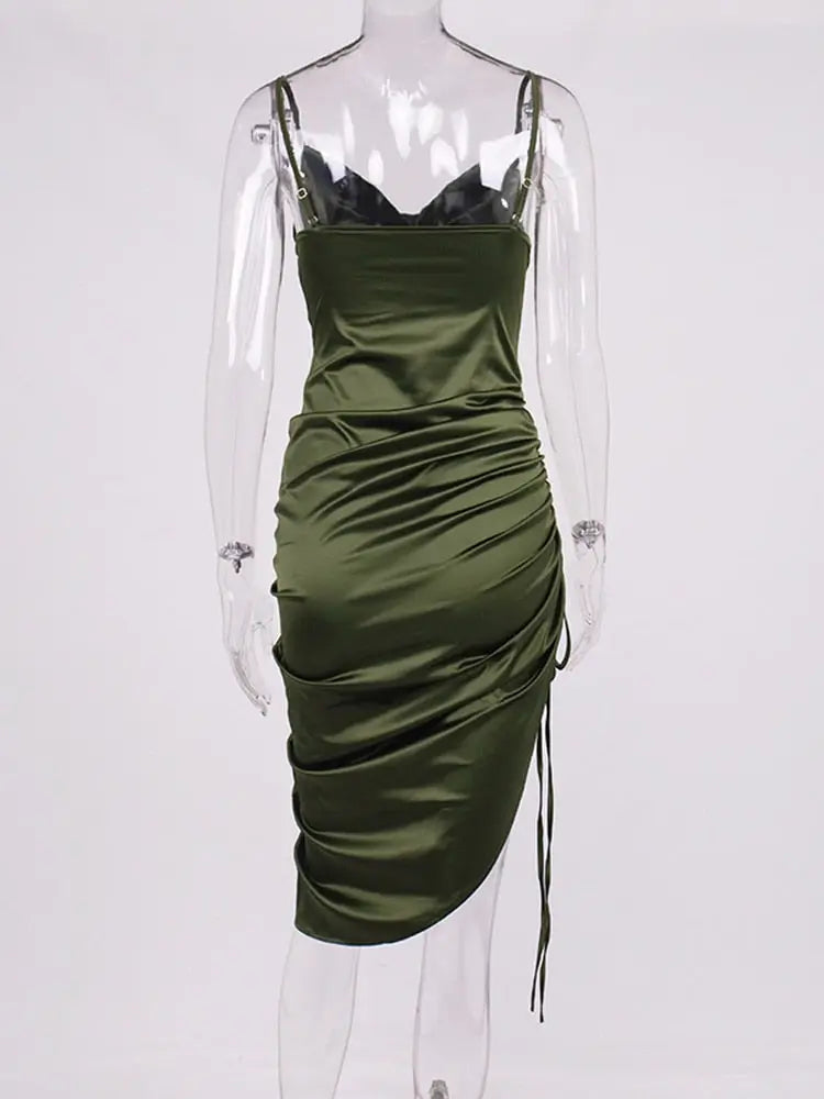 Ruched Satin Summer Dress Drawstring Spaghetti Straps Cowl Neck Backless Long Dresses nowadaysfashion