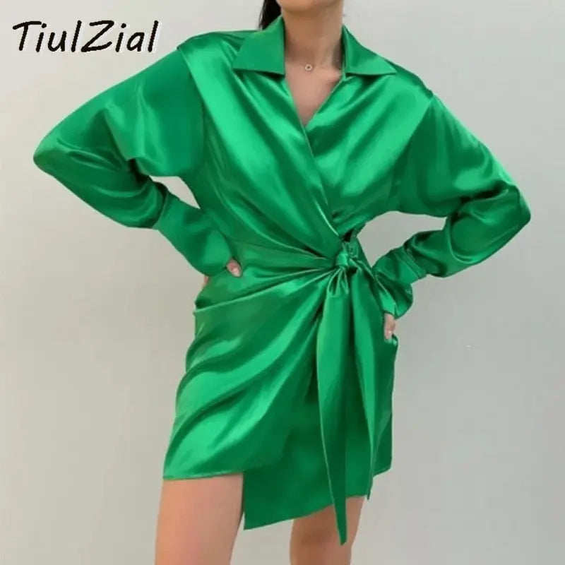 Long Sleeve Mini Satin Dress Nothed Lace Up Bandage Wrap High Waist Casual Shirt Dresses nowadaysfashion