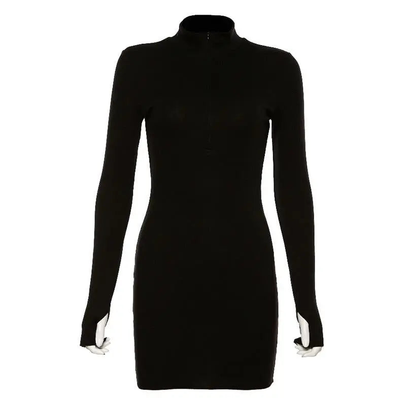 Spring Autumn Stretch Slim Soft Ribbed Knitted Turtleneck Casual Bodycon Zip Dress nowadaysfashion
