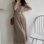 V-neck Single-breasted Women Thicken Sweater Dress Knitted Belted Female A-line soft dresses nowadaysfashion