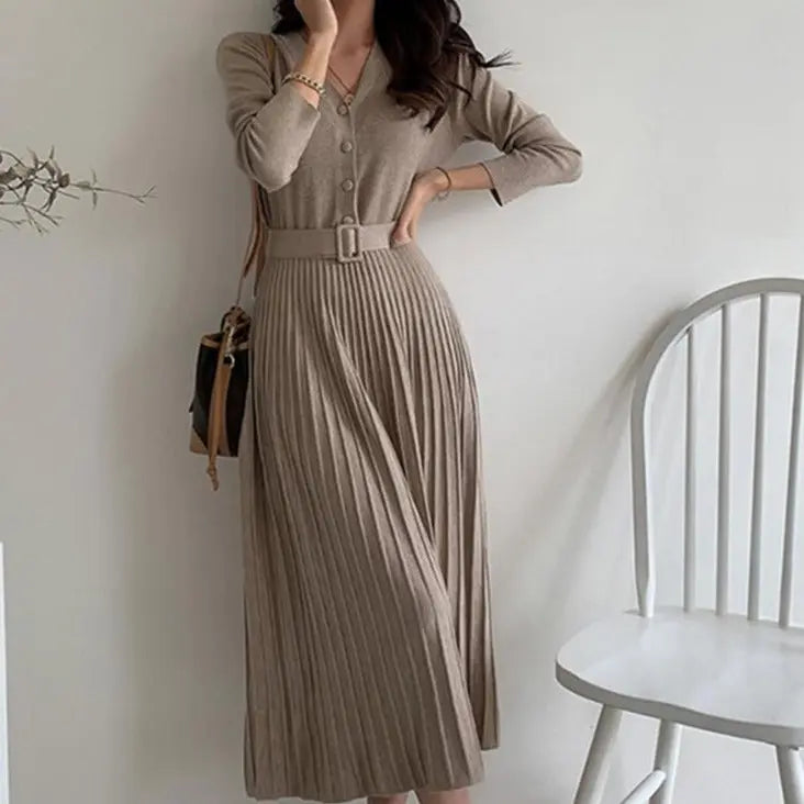 V-neck Single-breasted Women Thicken Sweater Dress Knitted Belted Female A-line soft dresses nowadaysfashion