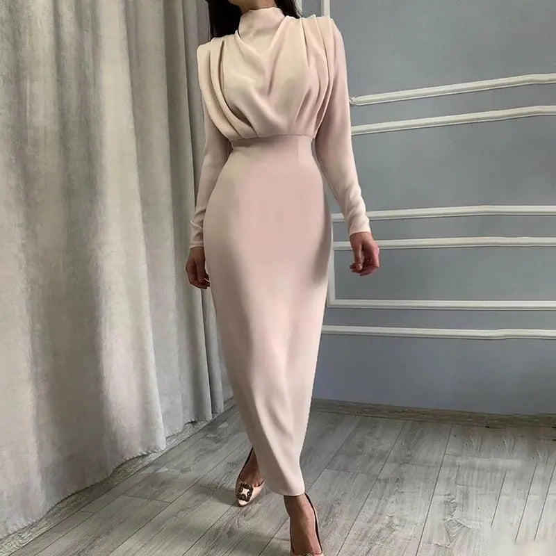 Elegant Women Dress Stand Collar Slim Waist Solid Ankle Length Autumn Long Sleeve Dress nowadaysfashion