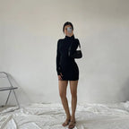 Spring Autumn Fashion Turtleneck Skinny Mini Dress Women Rib Knit Keep Warm Long Sleeve Dress nowadaysfashion