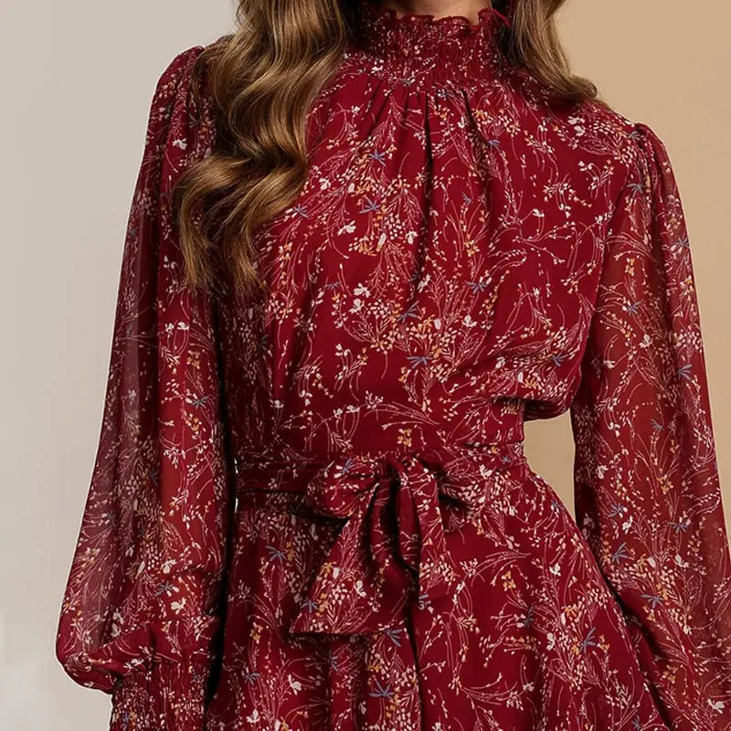 Spring Vintage Perspective Floral Print Dress Women Long Sleeve Chiffon A Line Mini Dress Vestidos nowadaysfashion