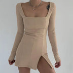 Square Neck Ribbed Black Dress Female Knitted Side Split Bodycon Dress Long Sleeve Mini Dresses nowadaysfashion