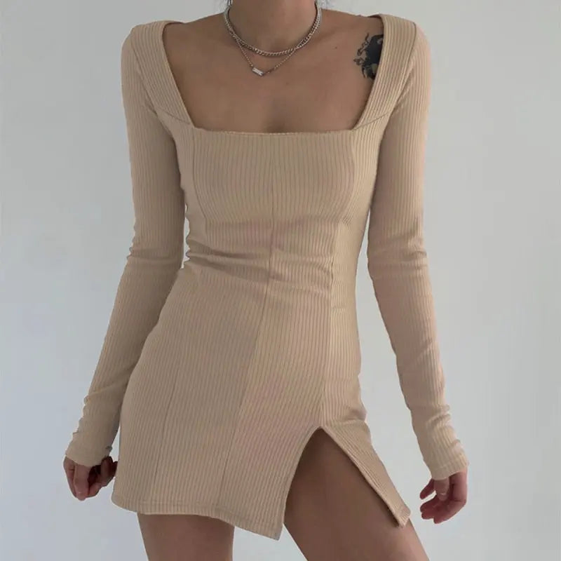 Square Neck Ribbed Black Dress Female Knitted Side Split Bodycon Dress Long Sleeve Mini Dresses nowadaysfashion