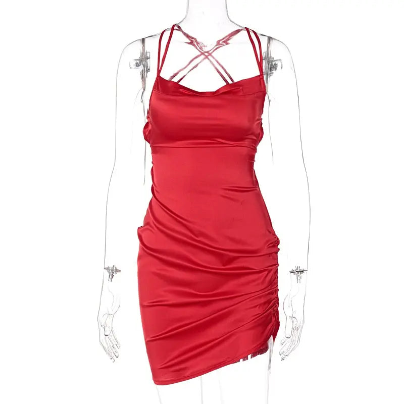 Satin Women Strap Mini Dress Ruched Lace Up Cross Bandage Backless Bodycon Sexy Party Elegant nowadaysfashion