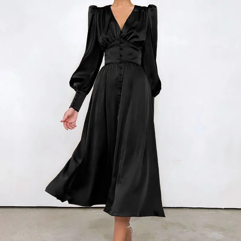 Single Breasted Dress High Waist Satin Long Dress V Neck Women Midi Dresses Lantern Sleeve nowadaysfashion