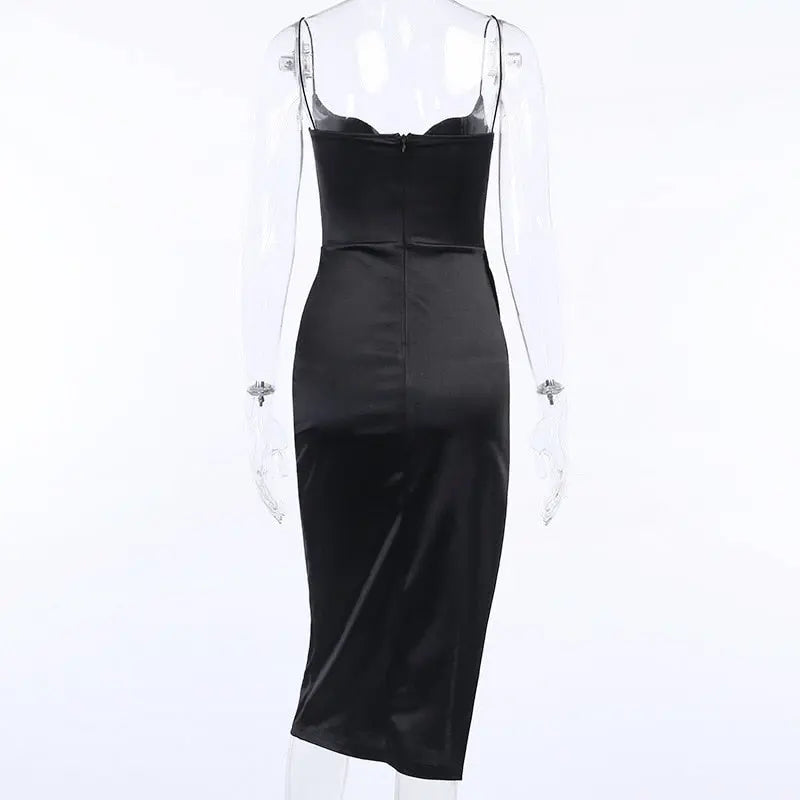 Satin Spaghetti Straps Low Cut Long Dress Women Summer Ruched Side High Split Maxi Dress nowadaysfashion