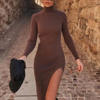 Long Sleeves High-Neck Elastic Midi Dress Lady Knit Sweater Dresses nowadaysfashion