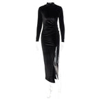 Women Velvet Long Sleeve Ruched Midi Dress Side Slit Bodycon Streetwear nowadaysfashion