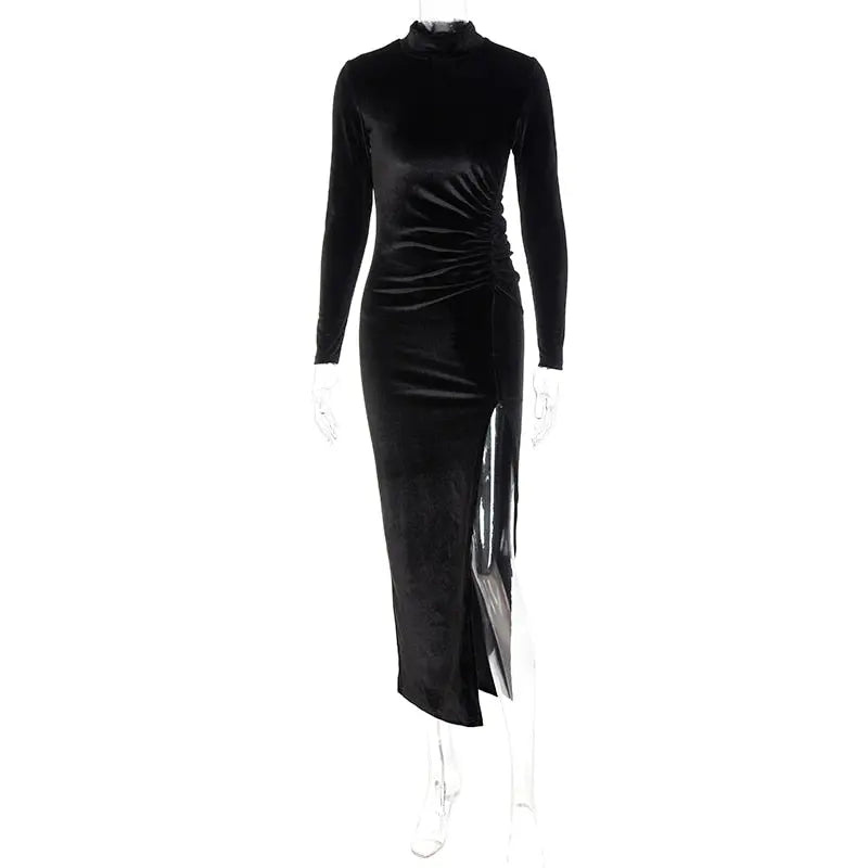Women Velvet Long Sleeve Ruched Midi Dress Side Slit Bodycon Streetwear nowadaysfashion