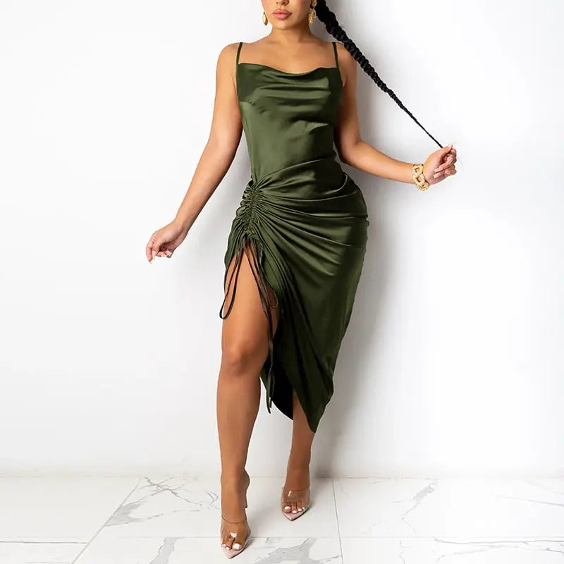 Ruched Satin Summer Dress Drawstring Spaghetti Straps Cowl Neck Backless Long Dresses nowadaysfashion