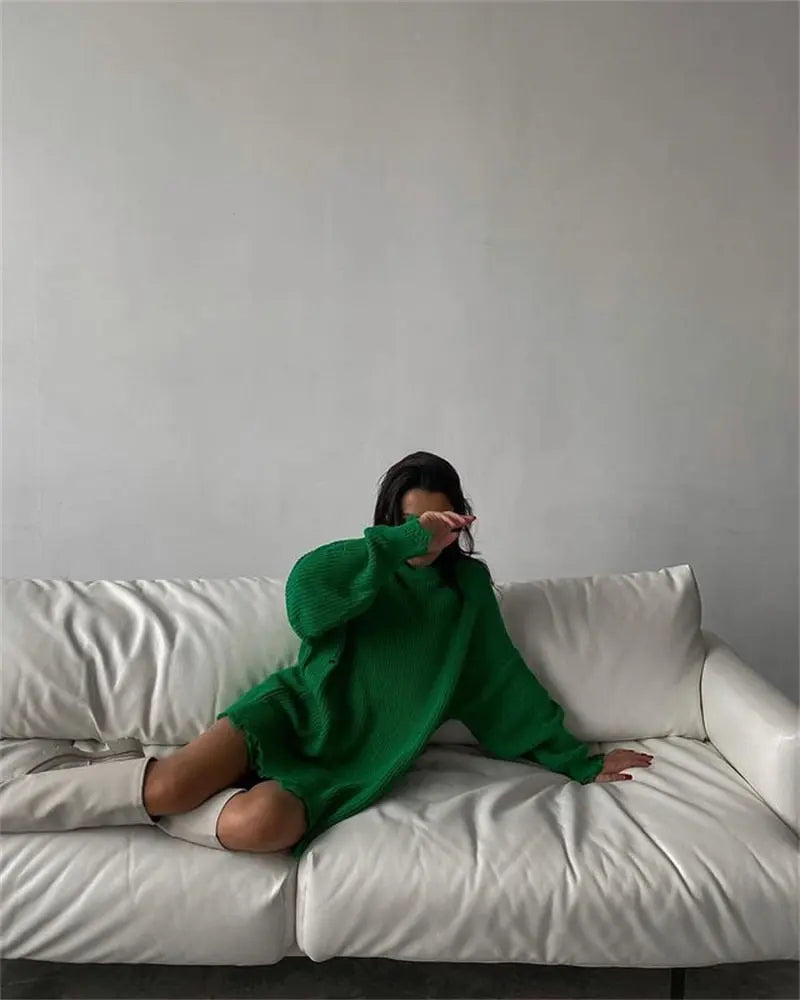 O Neck Oversized Mini Knitted Women Sweater Loose Dresses Autumn Winter Long Sleeve nowadaysfashion