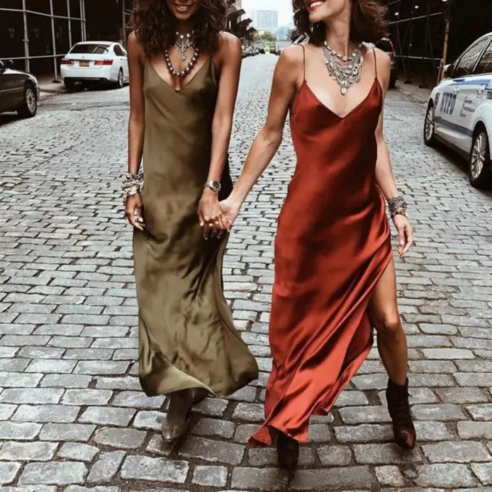 Satin V Neck Maxi Dress Women Spaghetti Strap Sleeveless Backless Side Split Long Dresses Lady Vestido nowadaysfashion